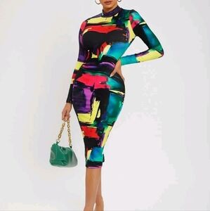 Colorblock Split Hem Back Bodycon Dress
